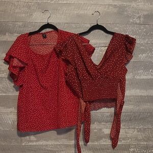 SHEIN Red Polka Dot Ruffle Blouses